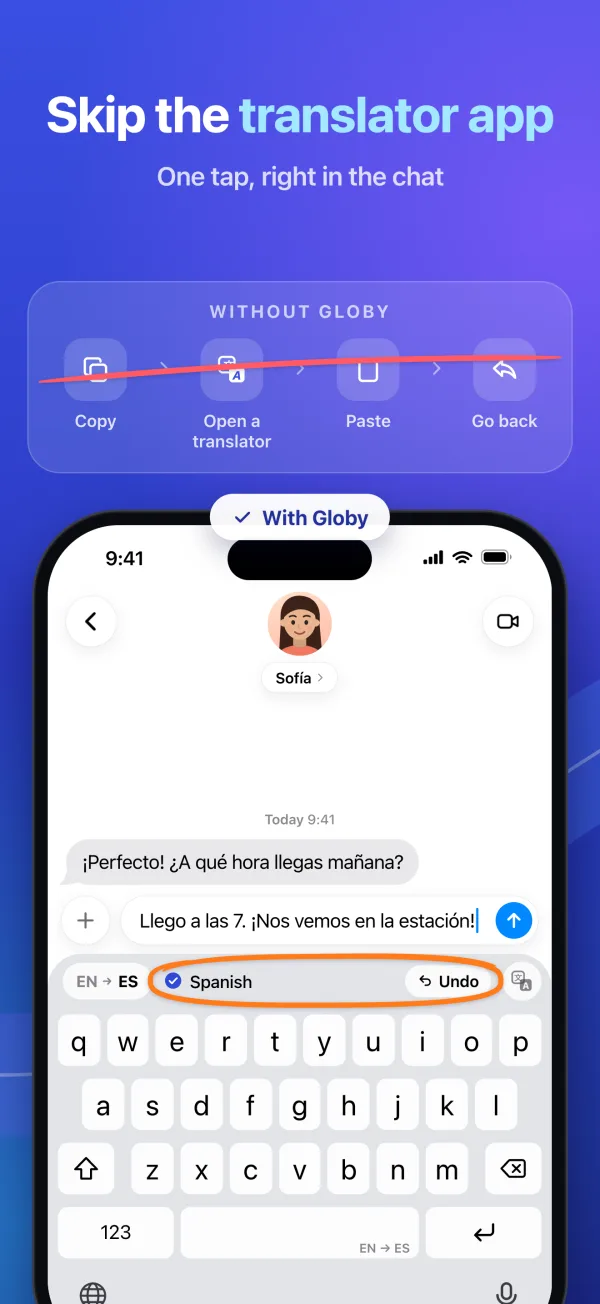Skip the translator app. One tap, right in the chat. Without Globy: copy, open a translator, paste, go back. With Globy the field is already in Spanish, with Undo.
