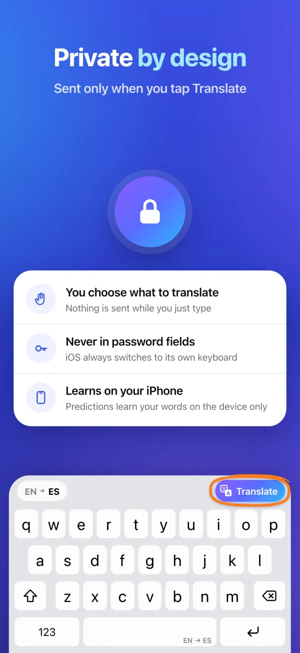 Private by design. Sent only when you tap Translate. Never in password fields. Predictions learn on your iPhone.