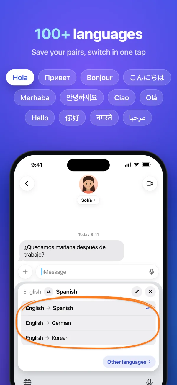 100+ languages. Save your pairs, switch in one tap. Greetings in many languages over the list of language pairs.