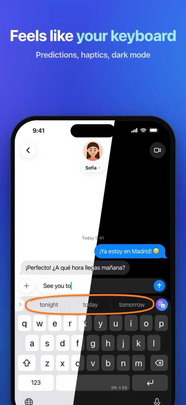 Feels like your keyboard. Predictions, haptics, dark mode. Half light, half dark keyboard with word suggestions.