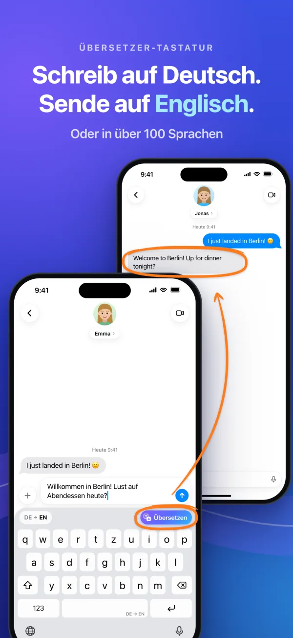 Schreib auf Deutsch. Sende auf Englisch. Oder in über 100 Sprachen. Zwei Telefone: Auf einem wird auf Deutsch mit der Taste „Übersetzen“ getippt, auf dem anderen kommt die Nachricht auf Englisch an.