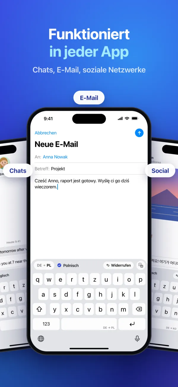 Funktioniert in jeder App. Chats, E-Mail, soziale Netzwerke. Die Tastatur übersetzt eine E-Mail ins Polnische.