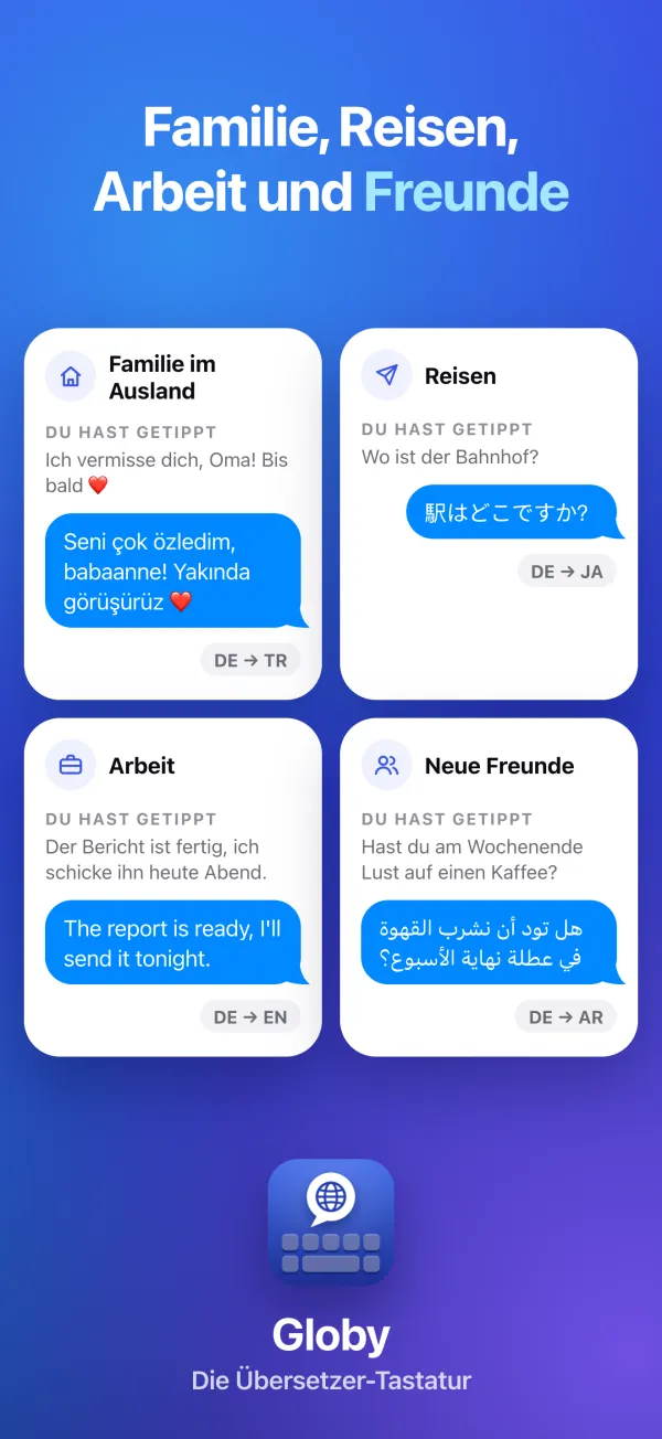 Familie, Reisen, Arbeit und Freunde. Vier kurze Chats, übersetzt ins Türkische, Japanische, Englische und Arabische.