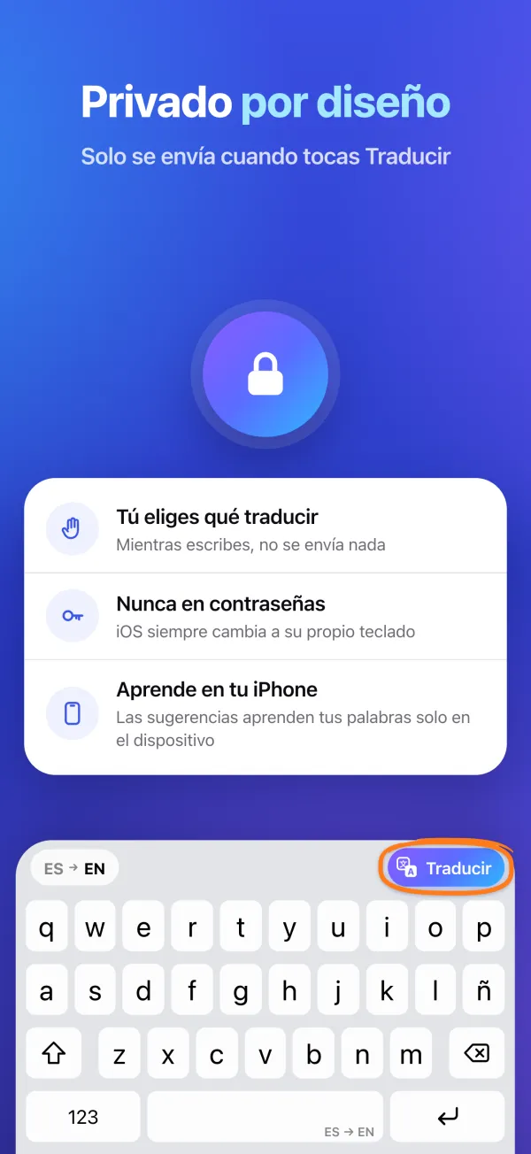 Privado por diseño. Solo se envía cuando tocas Traducir. Nunca en contraseñas. Las sugerencias aprenden en tu iPhone.