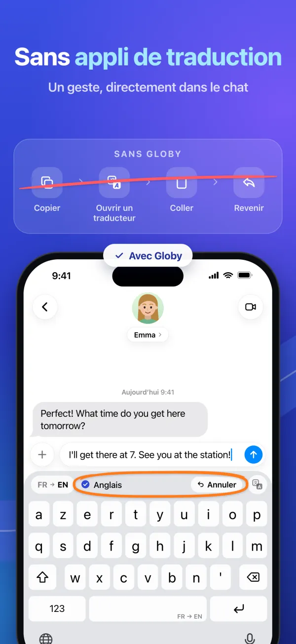 Sans appli de traduction. Un geste, directement dans le chat. Sans Globy : copier, ouvrir un traducteur, coller, revenir. Avec Globy, le champ est déjà en anglais, avec Annuler.