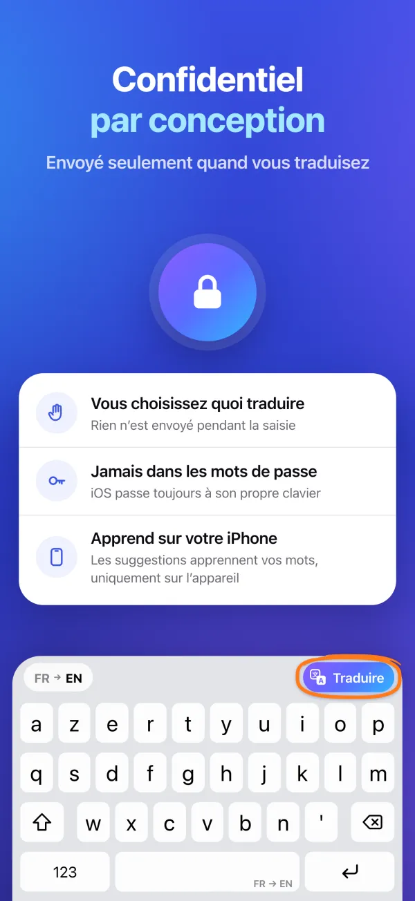 Confidentiel par conception. Envoyé seulement quand vous traduisez. Jamais dans les mots de passe. Les suggestions apprennent sur votre iPhone.