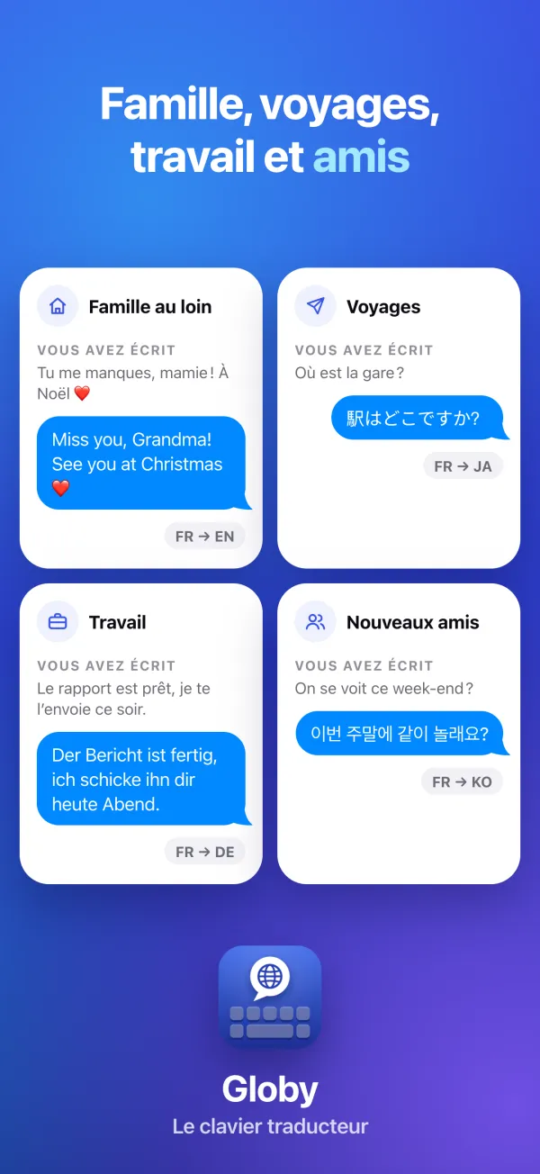 Famille, voyages, travail et amis. Quatre courtes conversations traduites en anglais, japonais, allemand et coréen.