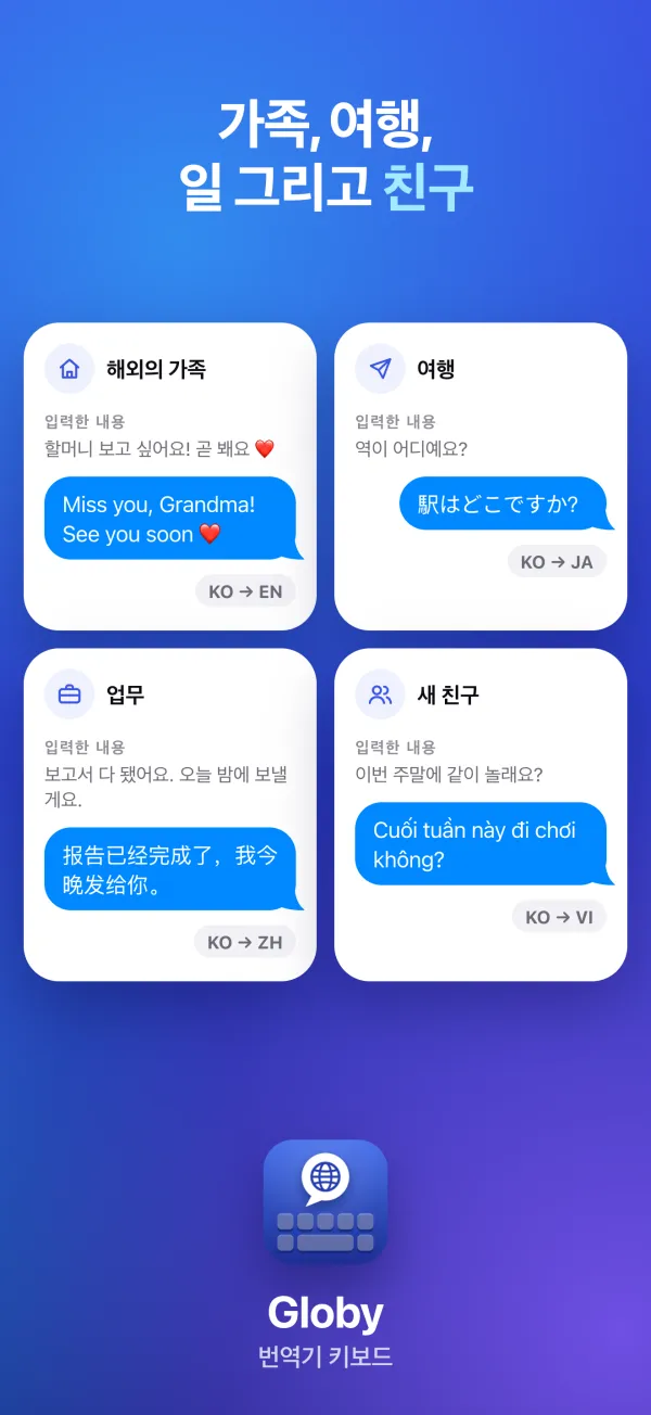 가족, 여행, 일 그리고 친구. 영어, 일본어, 중국어, 베트남어로 번역된 짧은 대화 네 개.