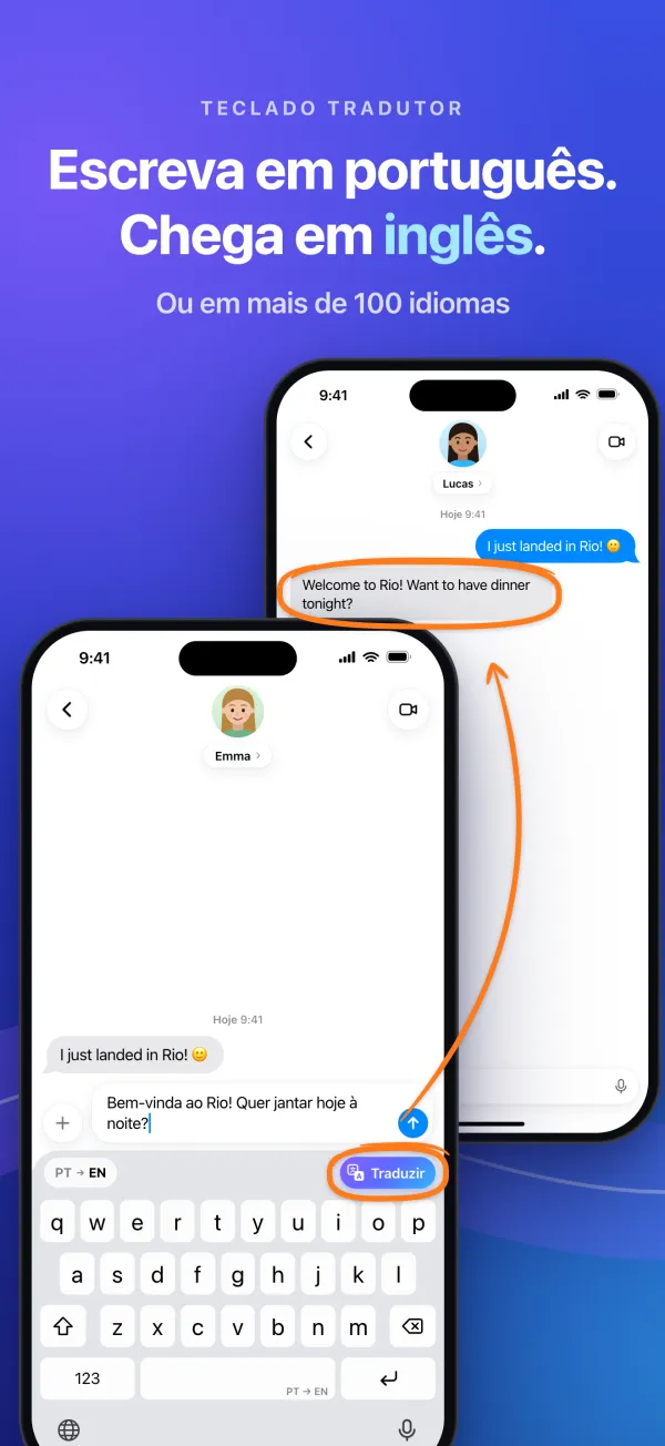 Escreva em português. Chega em inglês. Ou em mais de 100 idiomas. Dois celulares: em um se digita em português com o botão Traduzir, no outro a mensagem chega em inglês.
