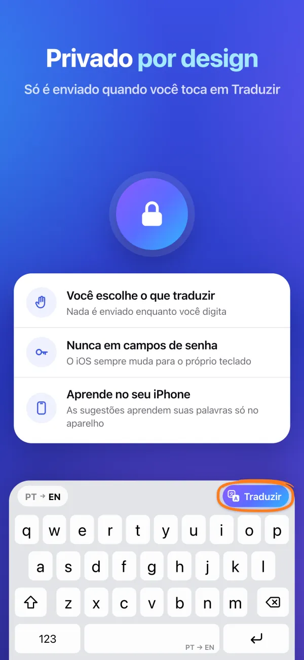 Privado por design. Só é enviado quando você toca em Traduzir. Nunca em campos de senha. As sugestões aprendem no seu iPhone.
