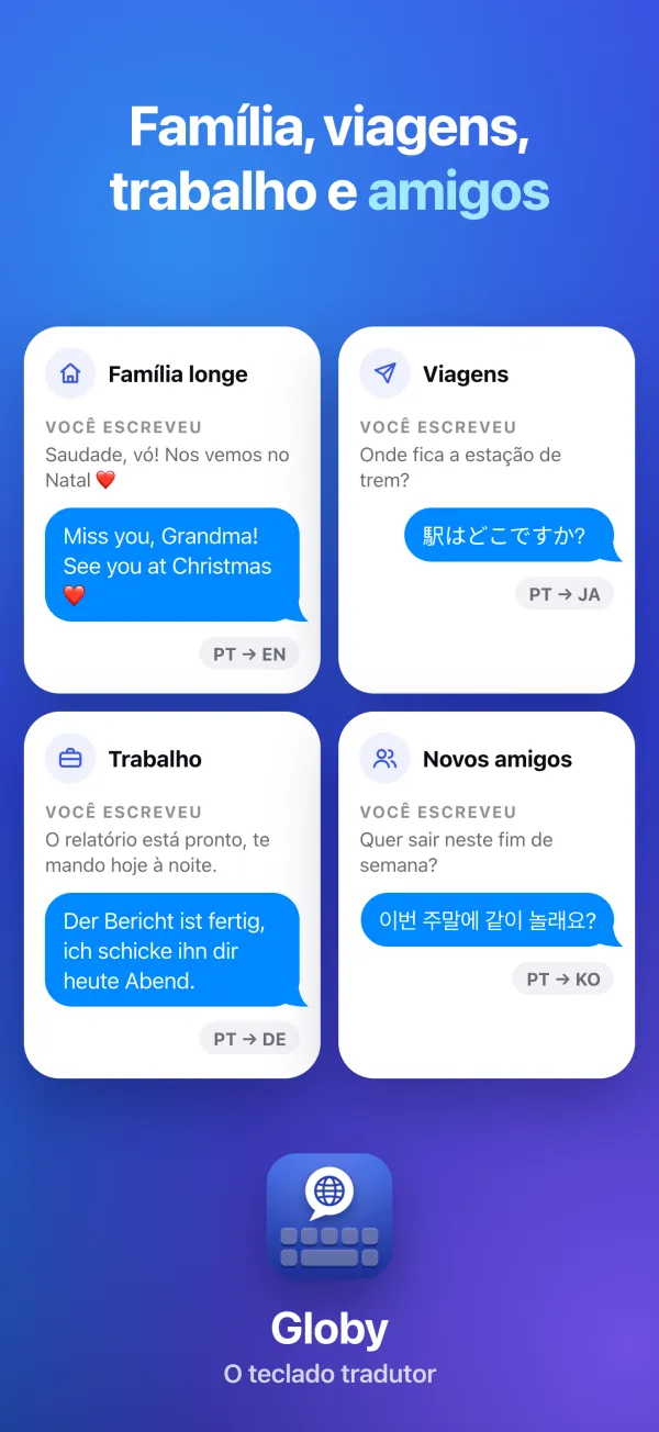 Família, viagens, trabalho e amigos. Quatro conversas curtas traduzidas para inglês, japonês, alemão e coreano.
