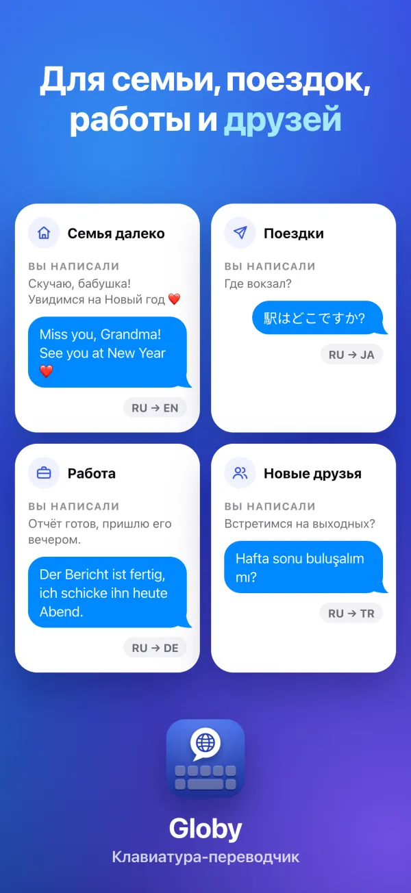 Для семьи, поездок, работы и друзей. Четыре коротких переписки с переводом на английский, японский, немецкий и турецкий.